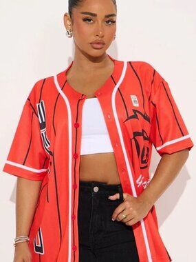 Women’s Red Hellcat Dodge Striped Jersey Tee Size Large